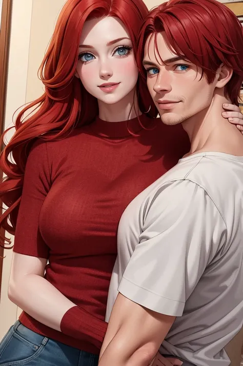 A red-haired, blue-eyed woman stands hugging a red-haired, blue-eyed man (High quality masterpiece, best quality 4k...: 1.2) Very detailed. (Realistic:1.37) Smiling, a masterpiece of art in the event, looking directly at the camera..