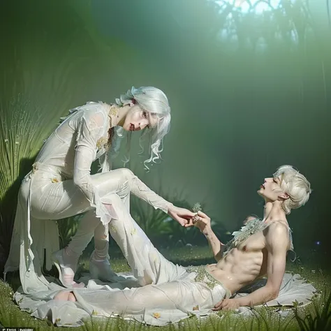 (masterpiece, best quality, dreamlike, hyperrealistic, 4k:1.35), (((1boy))), (Prince Narcissus is a beautiful royal albino lithe slender androgynous male parasitic flower, Prince of Flowers, narcissistic vain squeamish haughty overflown with scorn and disd...