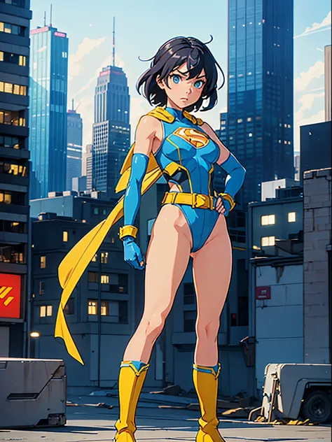 1girl, medium breasts, leotard, blue and yellow leotard, bare legs, gloves, boots, belt, superhero, standing, hand on hip, city backdrop, beautiful detailed eyes, beautifully detailed face, (perfect hands, perfect anatomy), diffraction spikes