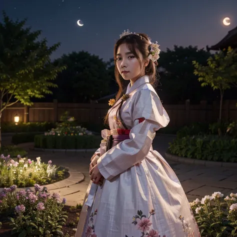 best quality, high_resolution, distinct_image, detailed background ,girl, hanbok,flower,garden,moon, night,dutch angle, wide shot, crown,