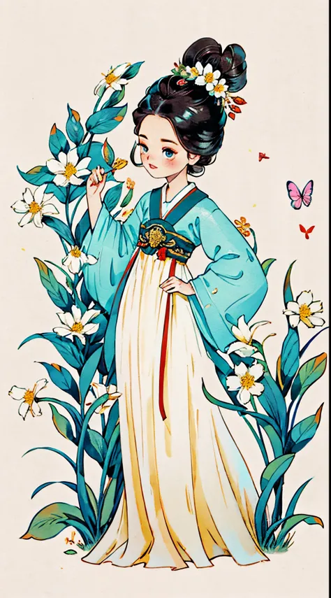 1 sister, Alone, looking at viewert, face flushed, Background with, black hair color hair, hair adornments, longer sleeves, white backgrounid, everlasting, Full body lesbian, blooming flower, hairflower, hair-bun, butterflys, tmasterpiece, recent quality, ...