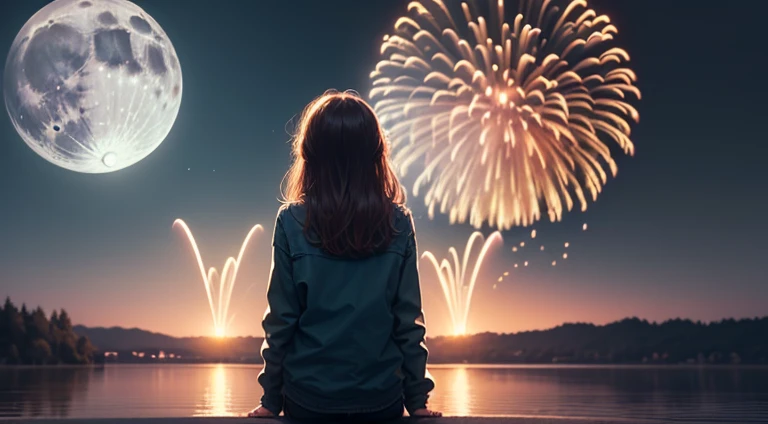 (((masterpiece))), (((best quality))), ((ultra-detailed)) ((moonlight light)) lofi girl watching the fireworks, fireworks is next to the moon and show the starts