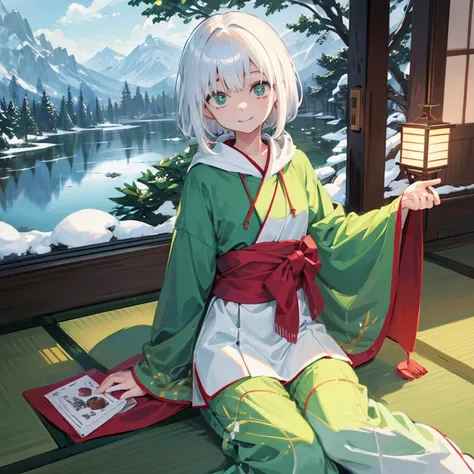 1girl in、wide eyed、Constricted pupils、​masterpiece、Hide one eye with hair，No right hand，Green cloak，snow-white hair，shortpants，White kimono，long hair in front，White hair，short head hair，Green eyes，A smile，There is a pond outside，Tatami mats，shoji，beautful ...