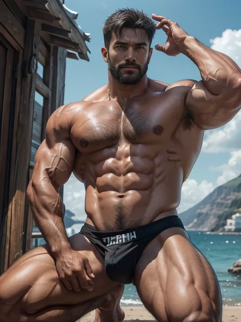 (Handsome(brunette)、8K quality、Greek white buildings on background！Santorini seaside！ctextured skin,!Single Eyelids!petty eyes！Summer outdoors at the beach！Poor equipment！、well built、dark skin texture,!！186ＣＭ！68 kg!skiny and thin！There is also a lot of hai...