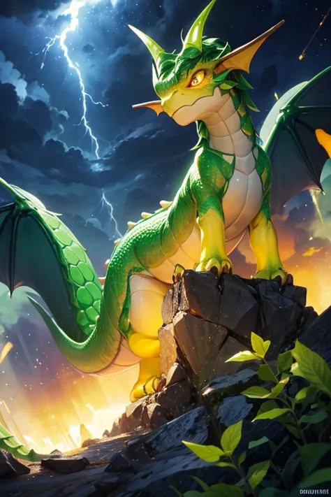 cute dragon geen on top yellow on bottom with a rounded face and lightnings on the background