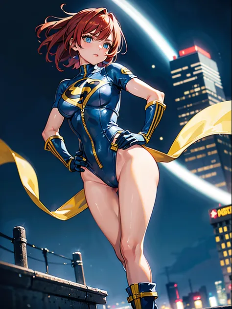 1girl, medium breasts, leotard, blue and yellow leotard, bare legs, gloves, boots, belt, superhero, standing, hand on hip, city backdrop, beautiful detailed eyes, beautifully detailed face, (perfect hands, perfect anatomy), diffraction spikes, redhead