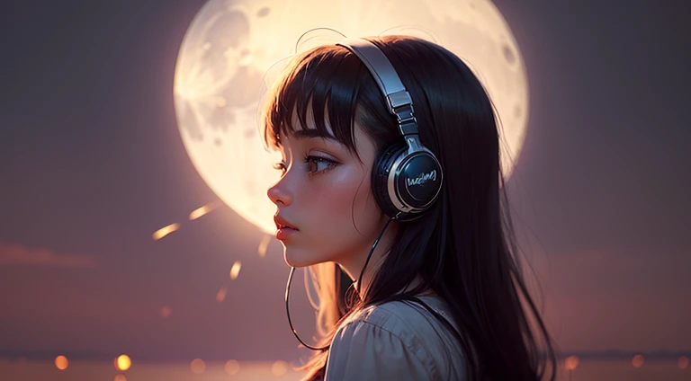 (((masterpiece))), (((best quality))), ((ultra-detailed)) ((moonlight light)) lofi girl watching the fireworks, the girl is listening to music