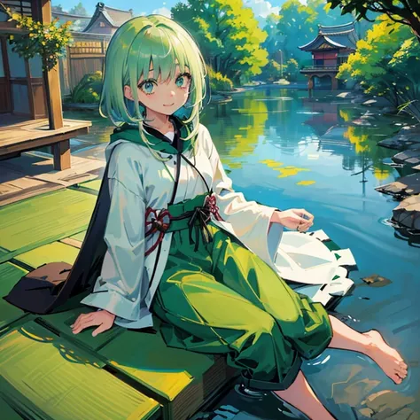 1girl in、wide eyed、Constricted pupils、​masterpiece、Hide one eye with hair，No right hand，Green cloak，shortpants，White kimono，long hair in front，White hair，short head hair，Green eyes，A smile，There is a pond outside，Tatami mats，shoji，beautful view