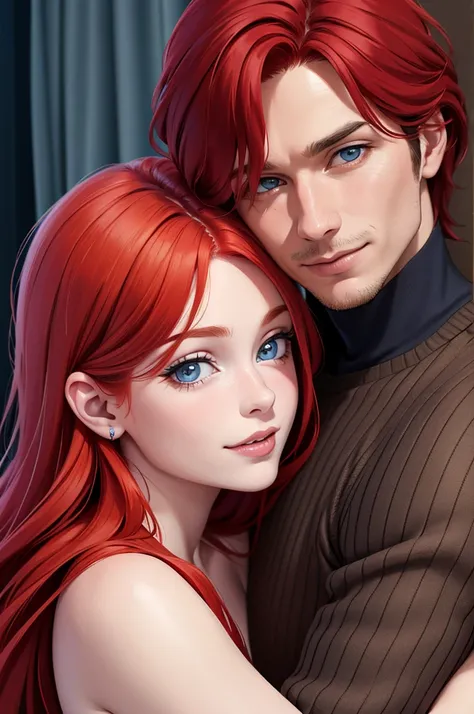 A red-haired, blue-eyed woman stands hugging a red-haired, blue-eyed man (High quality masterpiece, best quality 4k...: 1.2) Very detailed. (Realistic:1.37) Smiling, a masterpiece of art in the event, looking directly at the camera..