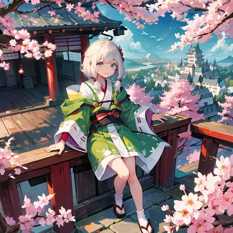 1girl in、wide eyed、Constricted pupils、​masterpiece、Hide one eye with hair，，Green cloak，shortpants，White kimono，long hair in front，White head hair，short head hair，Green eyes，A smile，A Japanese style，shoji，beautful view，Japanese castle，chii，cherry trees