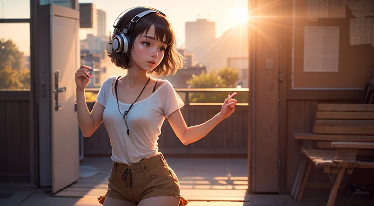 (((masterpiece))), (((best quality))), ((ultra-detailed)) ((sunlight light)) lofi girl watching the sun, the girl is listening to music, girl is dancing