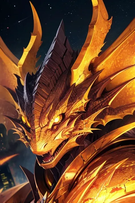 evil all yellow dragon [detailed face and eyes],[starry], ((close up)), (front vieenital focus], with destroyed city in the background