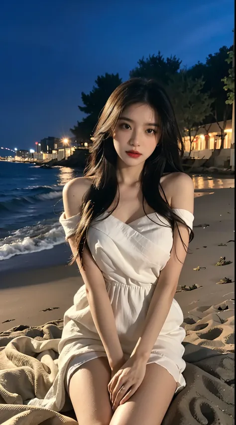 facing at camera，face to the viewer，standing on your feet，High picture quality，Works of masters，Kizi，Black hair，Long hair shawl，Long hair flowing over the shoulders，cropped shoulders，鎖骨，exquisite face，Hydrated red lips，white dresses，鎖骨，facing at camera，Sin...