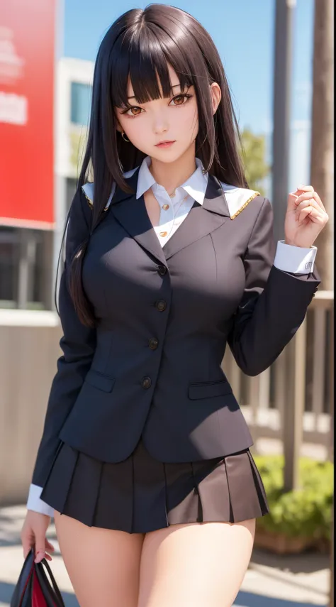 ((Best Quality)), ((masutepiece)), (Detailed), Perfect face　A detailed face　cleavage of the breast　younggirl　long, thick black hair　 Blunt bangs　Solid color background　is standing　Student Council President　blazers　a miniskirt　Wear school uniforms