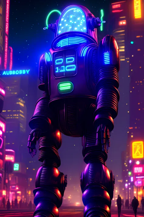 robby3  1robot a black robot in a cyberpunk dystopian alien city at night, neon, (cosmic), cinematic detailed, high quality, highres, 8k, high saturation