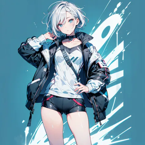 (masutepiece:1.2, Best Quality), [1 girl in, expressioness, Turquoise eyes, slate gray hair, half short hair,White jacket,Jacket is taken off, ] (Gray white background:1.2),