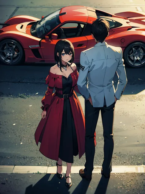 a boy and a girl near a pagani