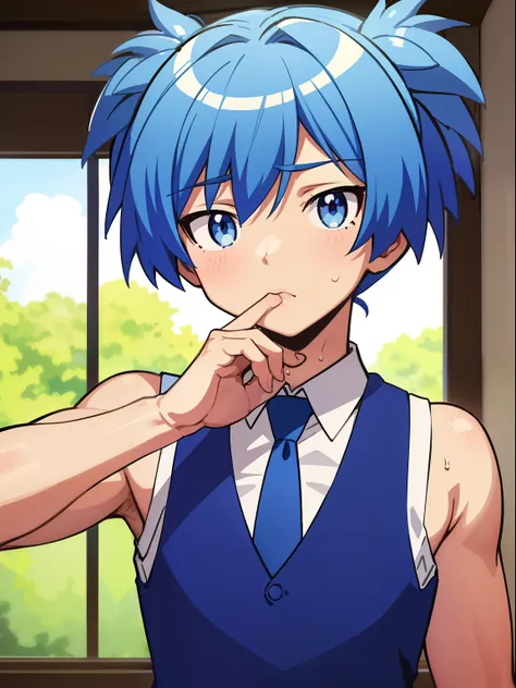 masterpiece, best quality, high quality, 1boy, solo, male focus, looking at viewer, upper body, shiota_nagisa, blue hair, blue eyes, Tank top, sweat, necktie, vest, short twintails