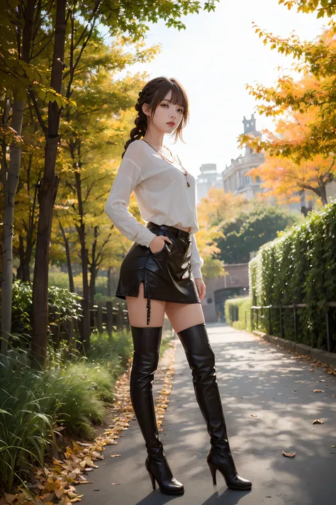 8k分辨率, ultra-high-definition cg images, autumn leaves at night🍁, moonlight, long focus, 1girl in, 20yr old, detailed beautiful f...