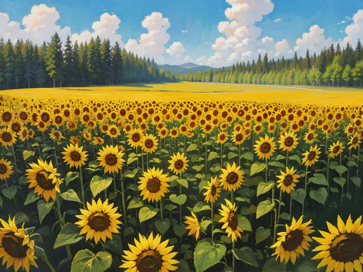 Old painting, Oil painting on canvas depicting a field with many sunflowers in a clearing in the center of the forest, blue skies, white clouds, works by artist Claude Monet, complete imitation of Claude Monet&#39;s style, antique canvas