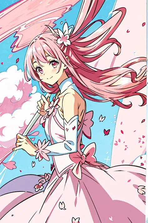 Pink Magical Girl，Petals flutter，A pink-haired，fluffy long-haired，magia，lots of pink flowers，pink magic stick，・Pink ribbon on the chest.，Fluffy skirt，flying though the air，Energetic smile