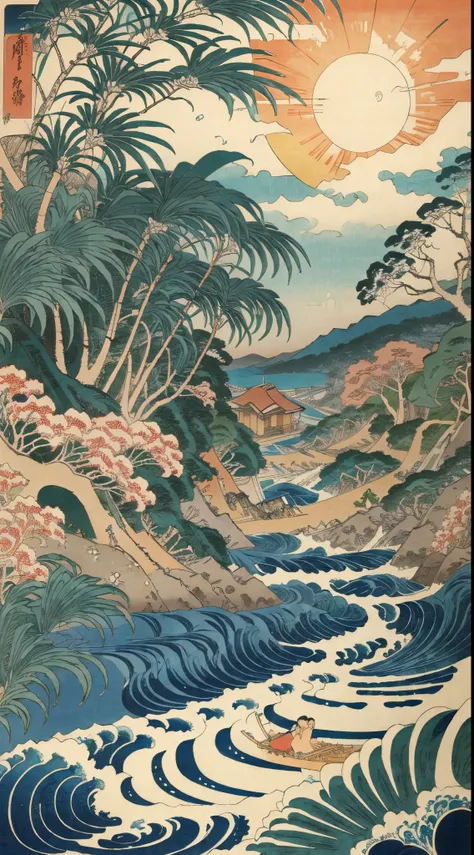 ukiyoe painting、Katsushika Hokusai、Beach party in the tropics、Tropical Vibes、suns、Mare、Palm trees、