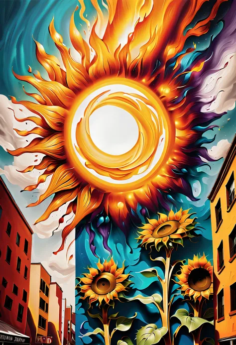 cinematic angle, very fine detail, aerosol paint, street graffiti art, sun, sunflowers, violent explosion stroke background, bri...