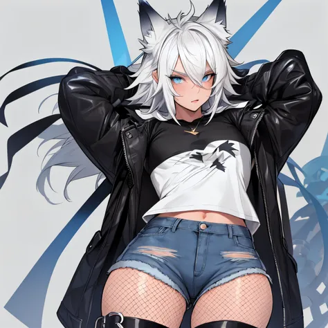 single boy, anime femboy, short, long white hair, wolf ears, wolf tail, blue eyes, wearing short denim shorts, thigh high fishne...