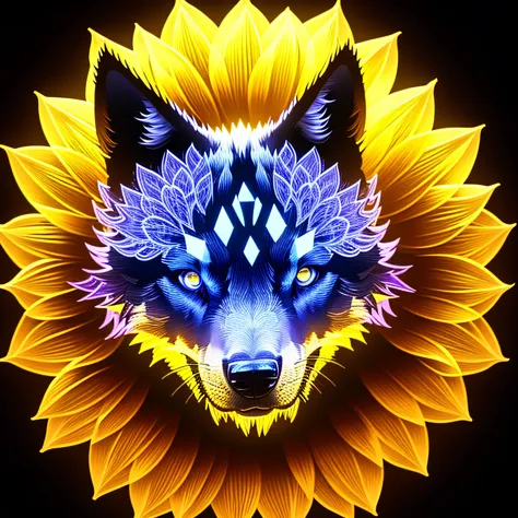 Close-up of the subject, glitched, Center position - Wolf - Puppy - With skull - Sunflower, and starlight, colorful neon glow, krystal, An majestic, High contrast, Complex masterpieces,