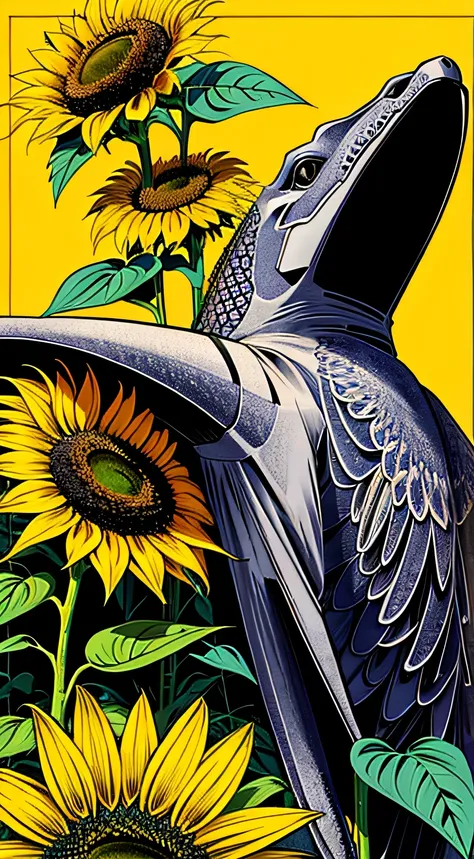 highly detailed tattoo art, analysis drawing sunflower, digital coloring,