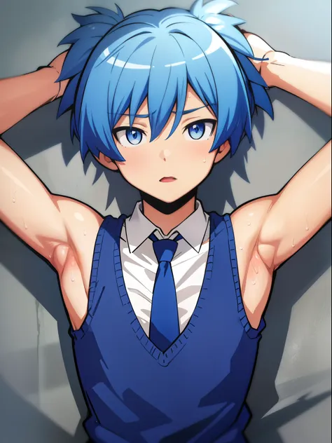 masterpiece, best quality, high quality, 1boy, solo, male focus, looking at viewer, upper body, shiota_nagisa, blue hair, blue e...