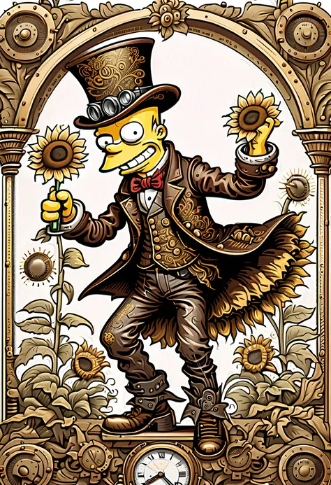 steampunk-dance-sunflower, illustration of bart simpson standing with, complicated amazing manga, (((intricate detailes:1.3))), ...