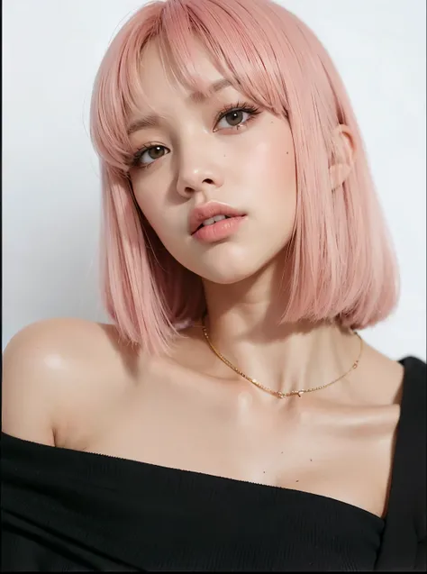 una mujer con el pelo rosa y un top negro posando para una foto, Lalisa Manobal, Lalisa Manoban de Blackpink, Parque Roseanne de Blackpink, Jossi de Blackpink, Retrato de Jossi de Blackpink, Sun Yunjoo, El Corte Hime, Linda chica con cabello corto y rosado...