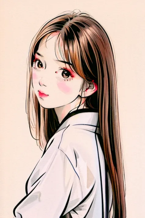 1girl, japanes, 20yr old, Looking back, The corners of the mouth are raised, Looking at the camera, Semi-long, Light brown hair, white backgrounid, full bodyesbian