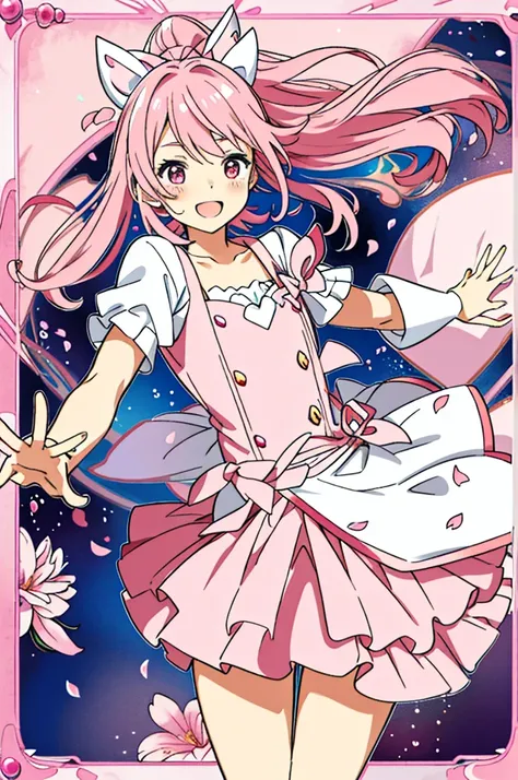 Pink Magical Girl，Petals flutter，A pink-haired，Twin-tailed，magia，lots of pink flowers，pink magic wand，Pink ribbon on the chest，Fluffy mini skirt，flying though the air，Vigorous，Open your mouth wide，a smile，The whole body is reflected