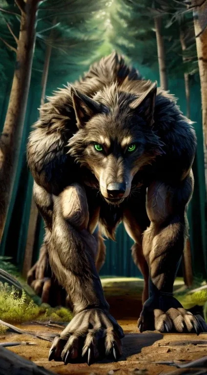 ((solo, three-quarters perspective, , werewolf, muscled build, male, green eyes)) searching a forest, all-fours pose, digitigrade,