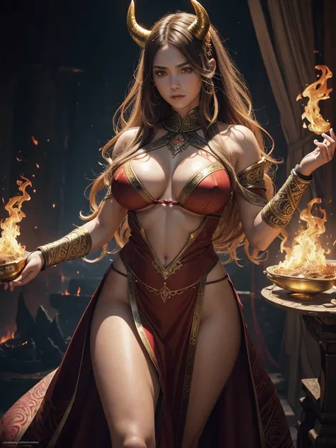 （tmasterpiece，top Quority，beste-Qualit，official arts，beautiful and aesthetic：1.2），stage, depicting a female god of war, fighting in hell with a red burning demon with huge horns.，She&#39;s a great giant，She&#39;s a beautiful princess，she is a strong warrio...