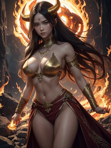 （tmasterpiece，top Quority，beste-Qualit，official arts，beautiful and aesthetic：1.2），stage, depicting a female god of war, fighting in hell with a red burning demon with huge horns.，She&#39;s a great giant，She&#39;s a beautiful princess，she is a strong warrio...