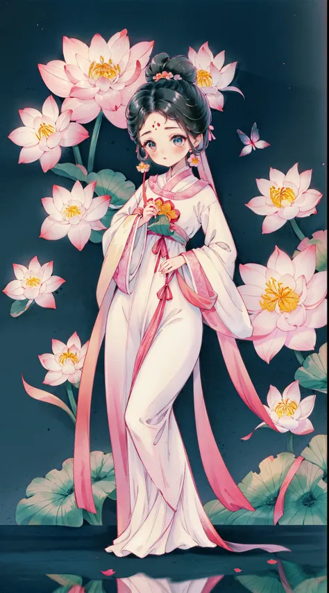 1 Sister, Alone, looking at viewert, face flushed, Background with, black hair color hair, hair adornments, longer sleeves, white backgrounid, Eternal, Full body lesbian, Pink Costume, lotus flower, flowers blooming, hairflower, hair-bun, butterflys, tmast...