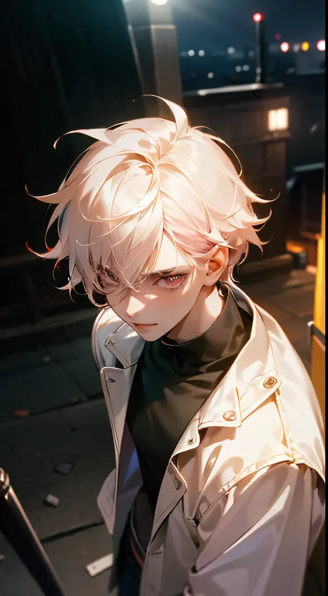 1man, solo man, handsome, anime boy, skinny, toned, messy hair, very short very messy boy snow white hair, pale pink eyes, boyish, loose casual clothing, dirty, night sky, street lights, dumpter, trash, flithy, grin, ominous, blood, mafia, accessories, sty...