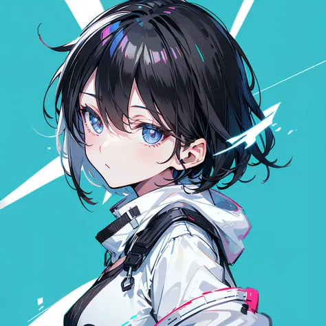 (masutepiece:1.2, Best Quality), [1 girl in, expressioness, Turquoise eyes,jet-black hair, Half shorthair,White jacket,Take off your jacket, ] (Gray white background:1.3),