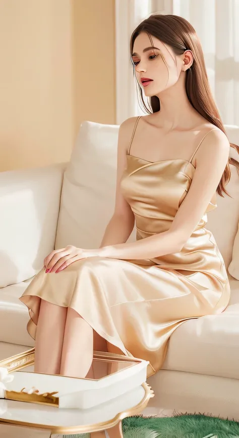 Woman sitting on sofa，hand on leg, Soft silk dress, silk dress, beautiful silky dress, Elegant dress, beautiful soft silky dress, Wear an elegant dress, satin,  Cream dress, translucent silky dress, A flowing dress, beiges, Covered with silky gold, bucktoo...