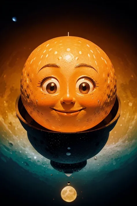 a painting of a smiling orange with a crown on top of it, a storybook illustration, by Maeda Masao, featured on reddit, in the moon, star shining in space, 2 5 6 x 2 5 6 pixels, orange and blue color scheme