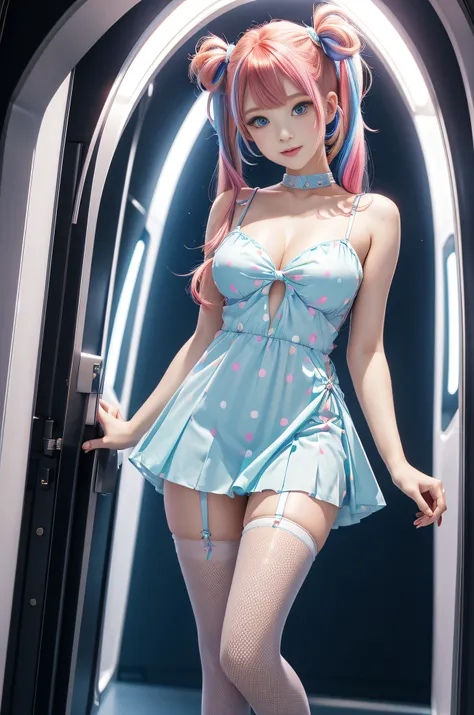 Cute redhead, gravure Idol, with rainbow colored hair tips, ribbons in her hair, 18-year-old woman, happy, in twin tails, perfect symmetrical eyes, clear sparkling blue eyes, pale skin, silky smooth skin, standing on a fancy luxurious space ship, large fut...