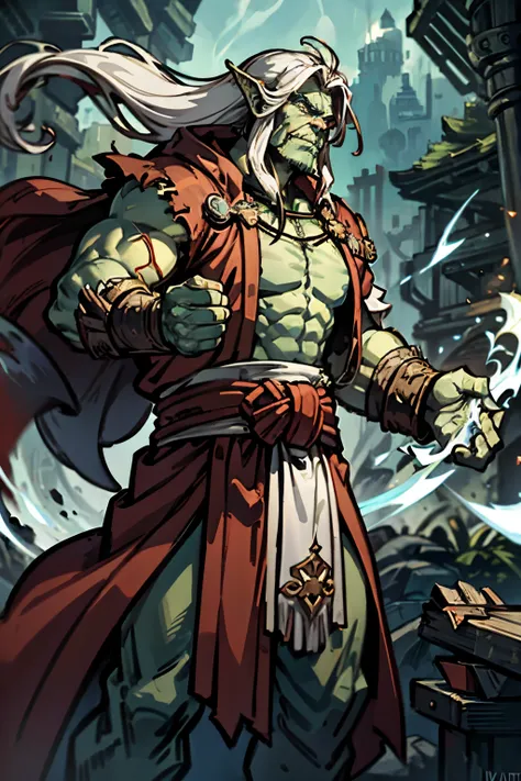 An Orc Monk that is a large and green, long flowing white hair, floating tall in the air, wearing a long red robe, Old aged, battled harden, and certainly has seen some nasty stuff. His fists glow with a pale blue color, and seem to be causing energy to sw...