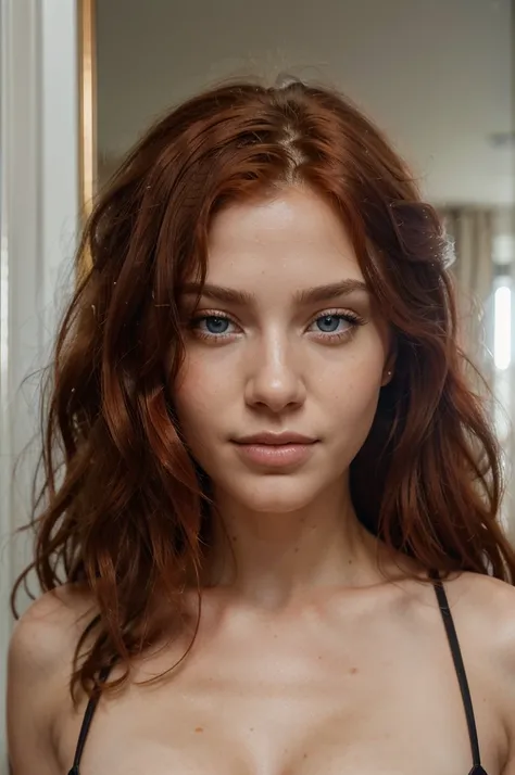 Breathtaking natural photo of a 20 year old European girl with red curly hair and blue eyes, in hotel room, big mouth) (detailed) (HDR) (natural lighting) (sharp focus) (intricate), (no makeup), amazing body, (fit body:1.2), natural skin texture, lightroom...