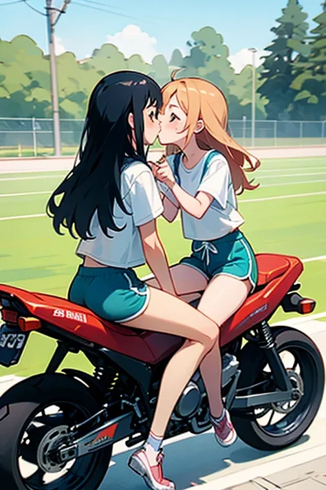 a couple of girls sitting on motorcycle saddle, a cartoon, happening, kissing together cutely, sport, animation still screencap, dolphin shorts,