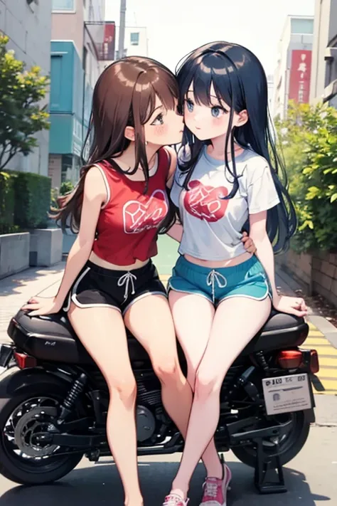 a couple of girls sitting on motorcycle saddle, a cartoon, happening, kissing together cutely, sport, animation still screencap, dolphin shorts,