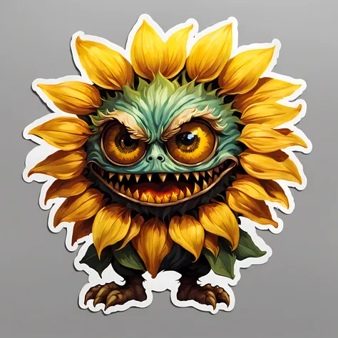 big (sticker) of a cute ((furious sunflower monster)) ((looking at the viewers)) ((vivid eyes)), bloodborne vibes, stickers, sim...