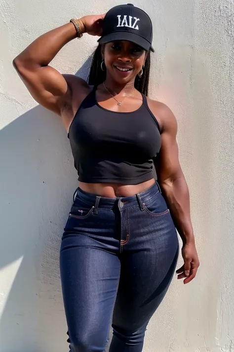 50 year old akilah bodybuilder baseball hat tight jeans and crop top